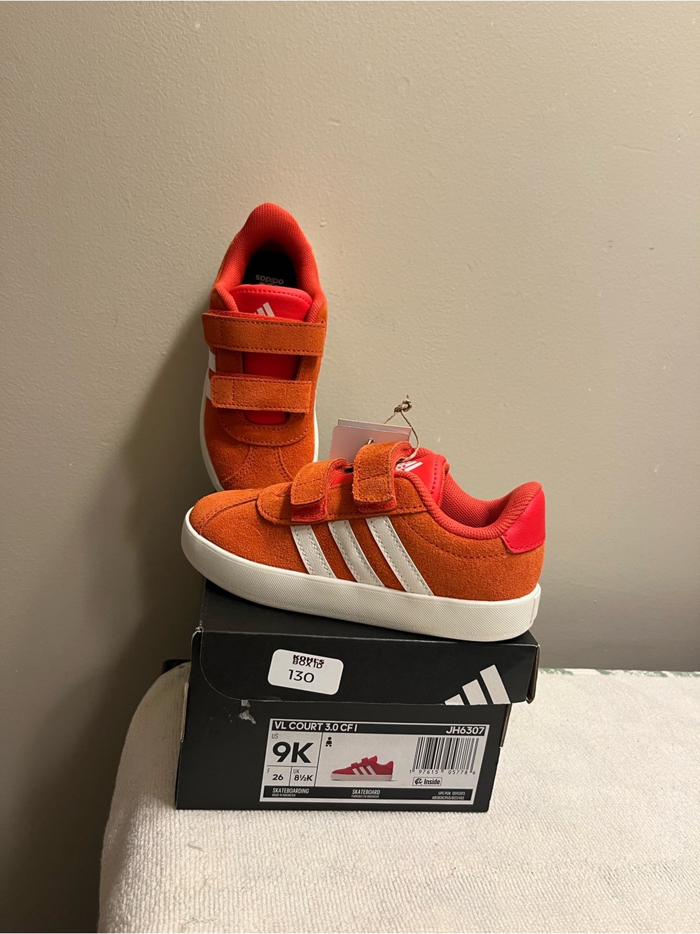 adidas Kids Orange Velcro Suede Sneakers with White Stripes